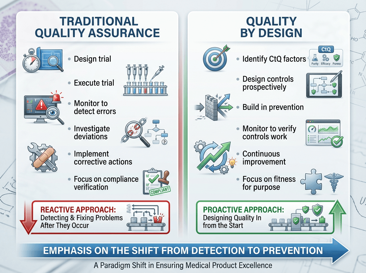 Side-by-side comparison showing traditional quality assurance as a reactive cycle of detection and correction versus quality by design as a proactive approach focused on prevention and verification