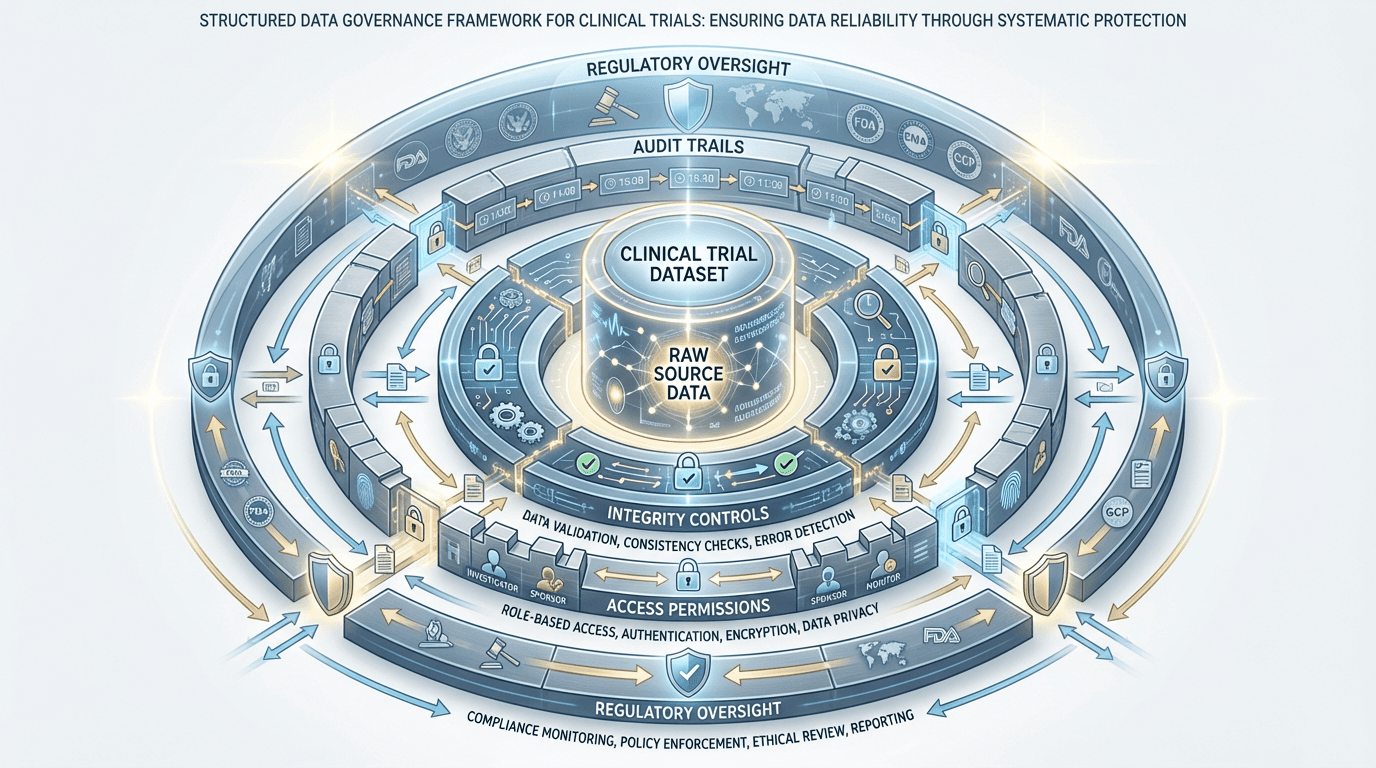 Concentric layers of data governance controls surrounding a central clinical trial dataset, illustrating integrity, audit trails, and regulatory oversight
