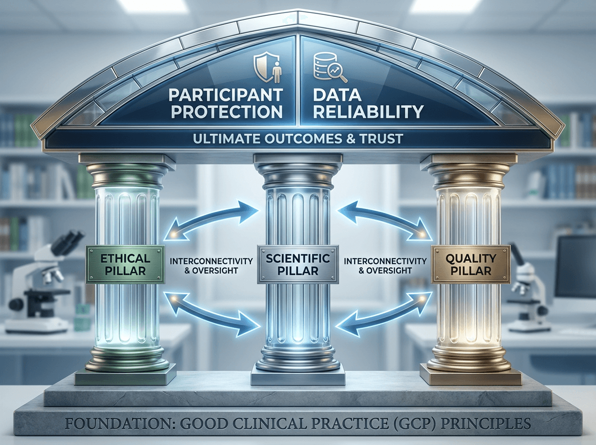 Conceptual diagram showing GCP's three pillars (ethical, scientific, quality) as a classical structure supporting two outcomes: participant protection and data reliability