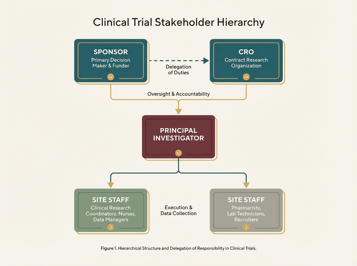 Organizational diagram showing the relationships between sponsor, CRO, investigator, and site staff, with arrows indicating delegation of activities and retention of accountability