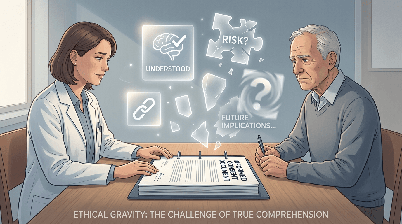 Conceptual illustration of the difficult moment when comprehension assessment reveals persistent gaps during informed consent, showing a research professional and participant with fractured thought-fragments between them representing concepts that remain inadequately understood despite multiple explanation attempts
