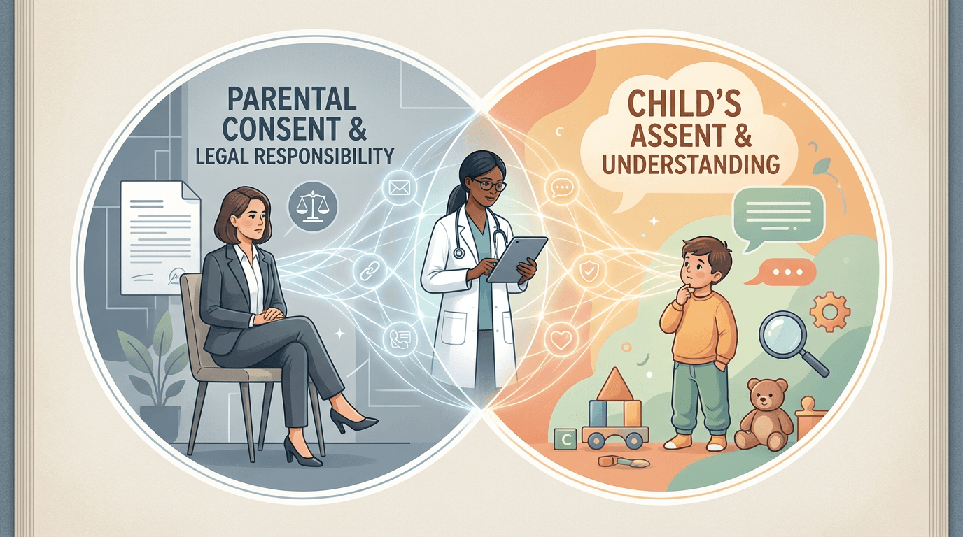 Conceptual illustration of the dual-consent framework in pediatric research, showing a research professional facilitating communication between a parent and a child, with visual threads of understanding connecting all three figures in a balanced conversational triangle