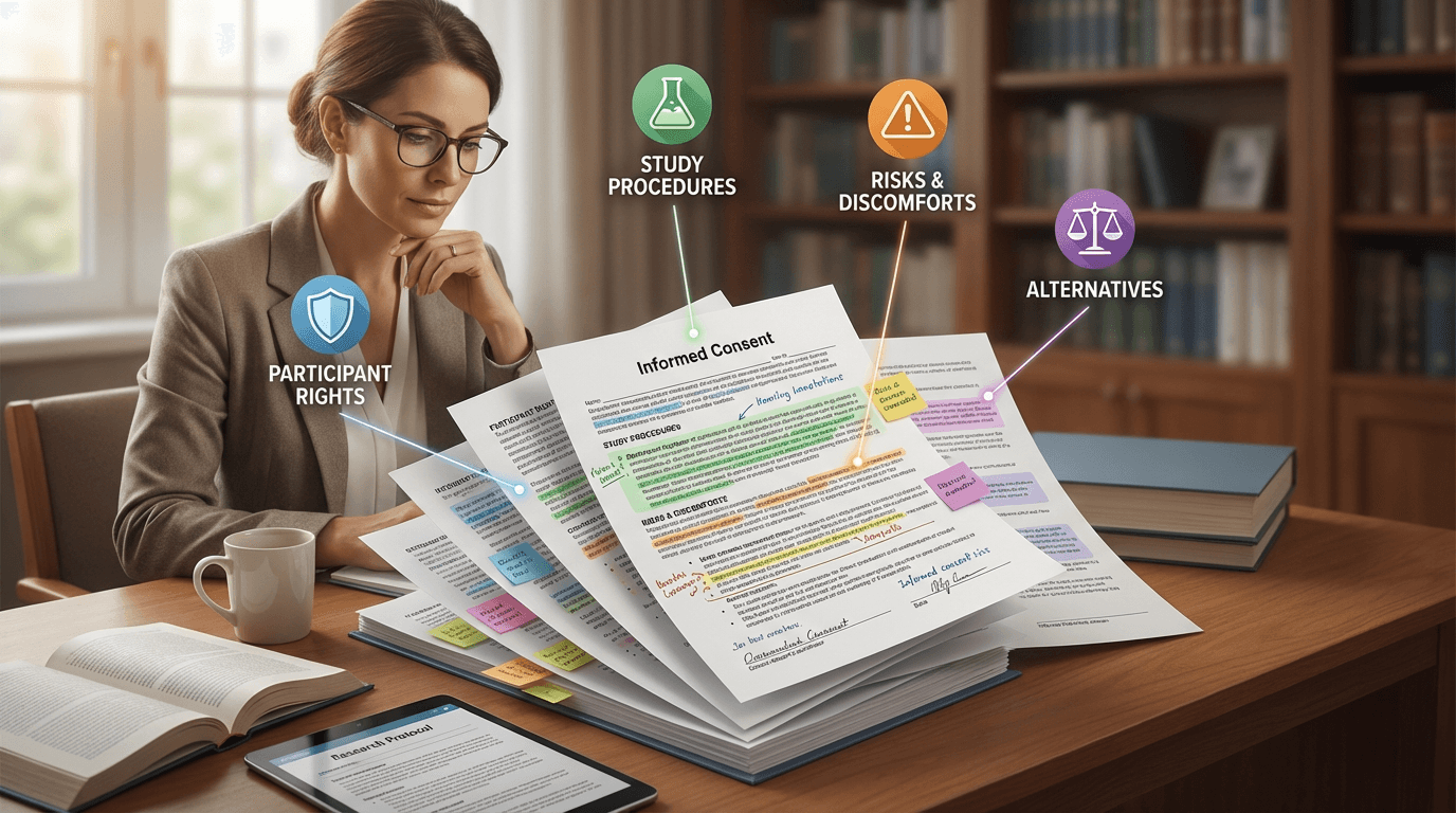 Conceptual illustration of a clinical research coordinator studying a multi-page informed consent document with color-coded sections linked to regulatory requirement icons, depicting the preparation process for mastering consent document content