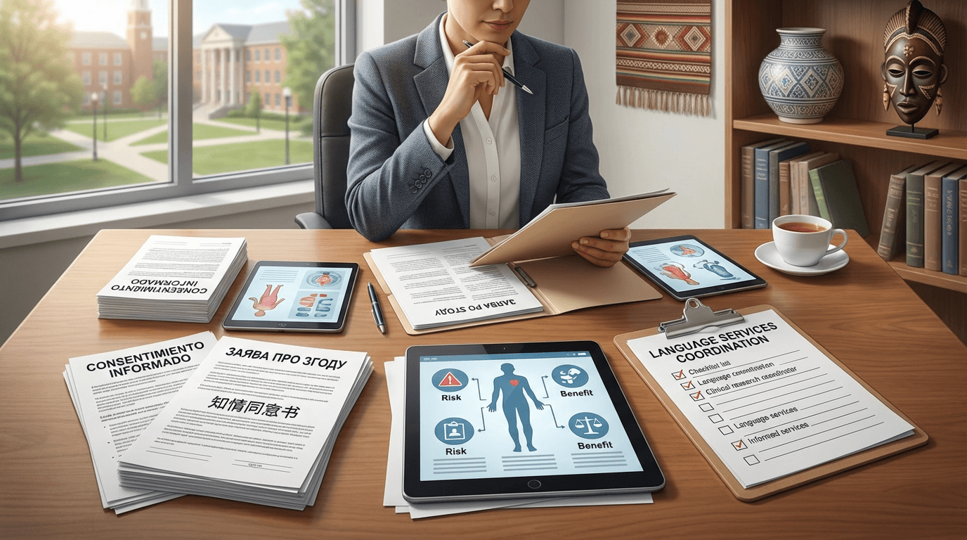Conceptual illustration of a clinical research coordinator preparing multilingual consent materials and visual aids at a desk, with cultural motifs suggesting the diversity of participant backgrounds requiring thoughtful preparation for cross-cultural consent encounters