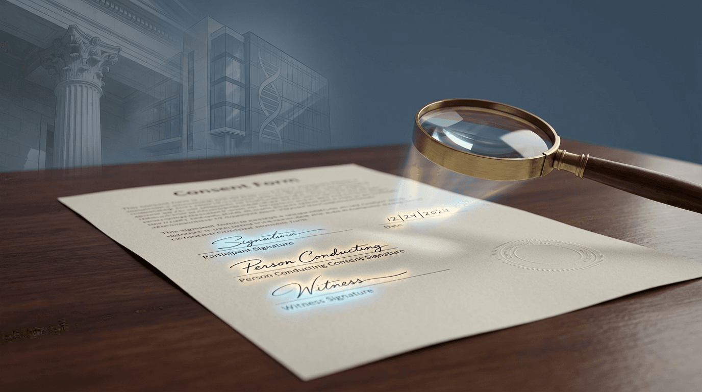 Conceptual illustration of a consent form signature page with glowing signature lines under a magnifying glass, with a courthouse and research facility merging in the background to represent the document's dual legal and scientific significance