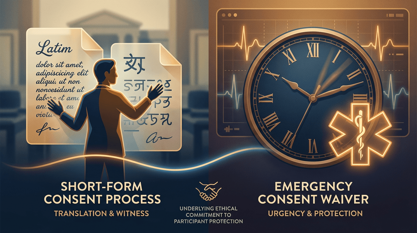 Conceptual illustration showing two consent scenarios connected by a shared ethical commitment: on one side, overlapping consent documents in different languages with an impartial witness figure between them; on the other, a clock and emergency medical symbol representing time-critical consent situations