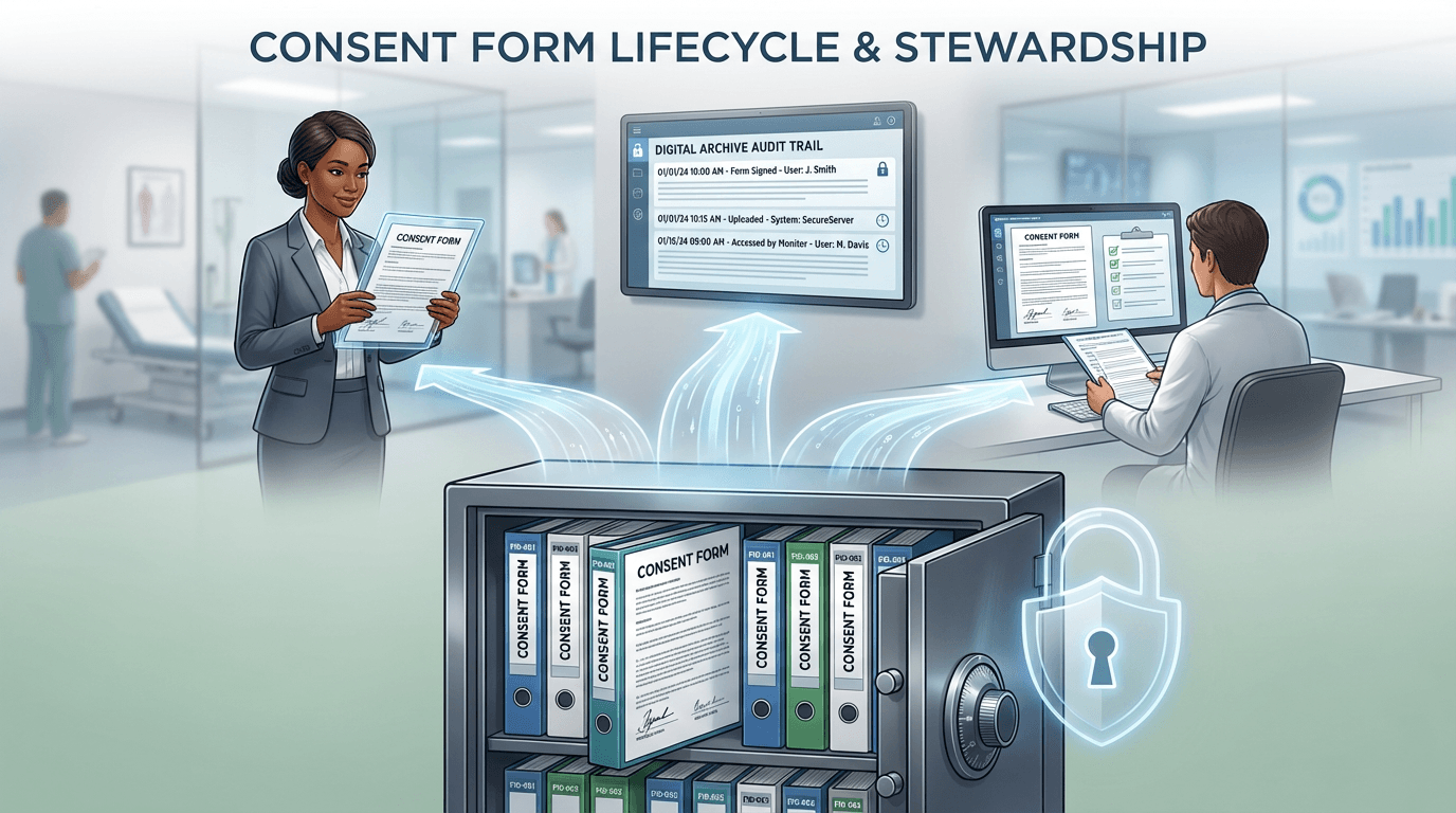 Conceptual illustration of the consent form lifecycle showing a locked filing cabinet with participant binders, with pathways leading to a participant receiving a copy, a monitor reviewing documents, and a digital archive with audit trail, unified by a security lock overlay
