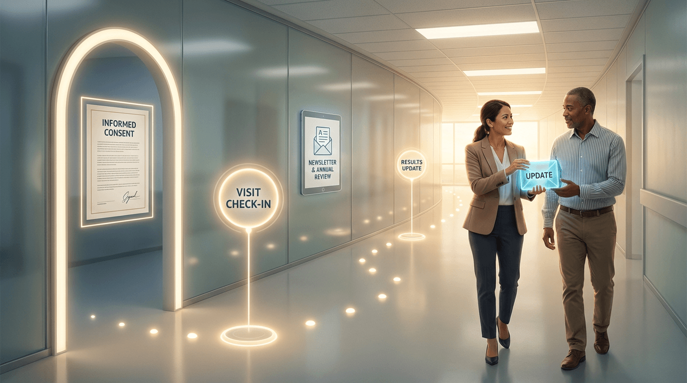 Conceptual illustration of a research coordinator and participant walking together through a corridor of ongoing consent touchpoints, with informational communications being shared between formal reconsent events