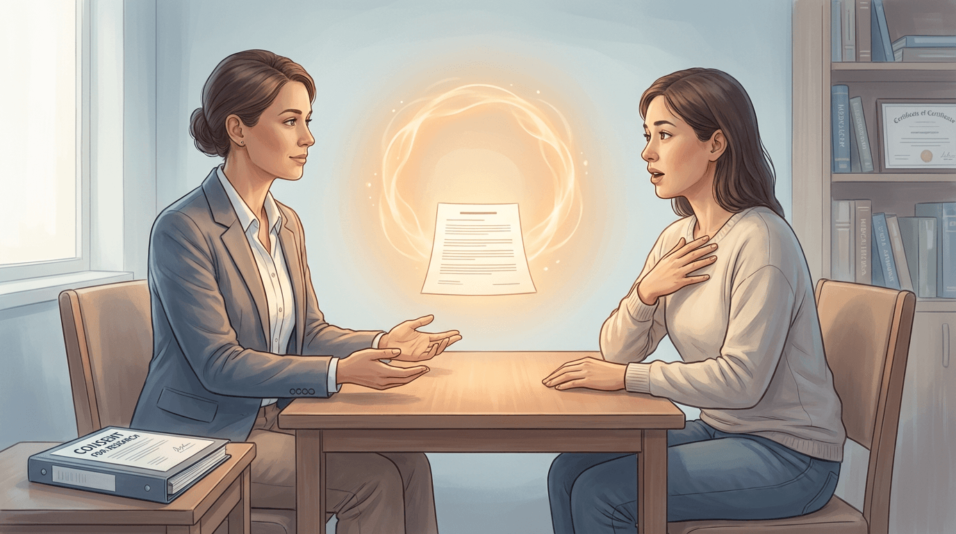 Conceptual illustration of a clinical research coordinator pausing with open hands while a participant leans forward to ask a question in a private consultation room, with a warm glow between them conveying the deliberate creation of space for questions during an informed consent conversation