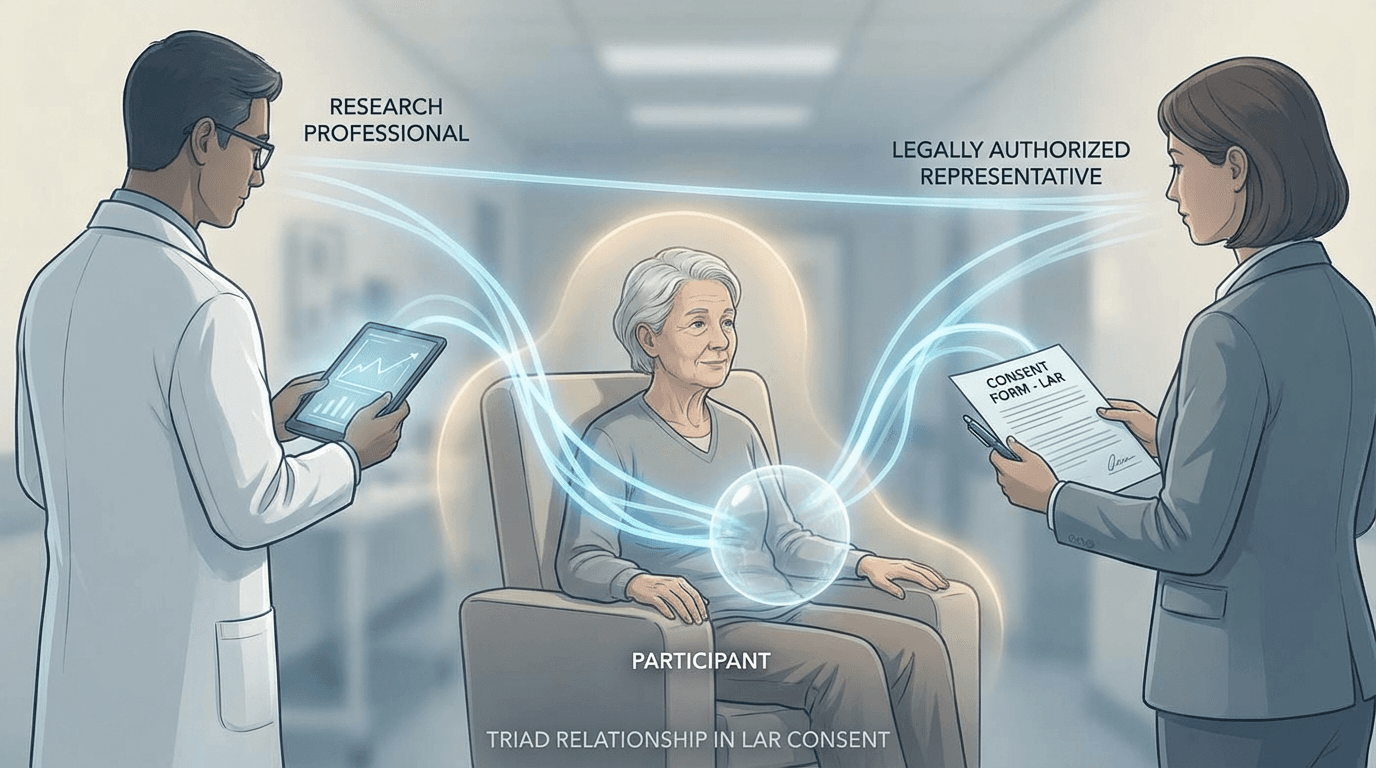 Conceptual illustration of the triad consent relationship showing a research professional, a legally authorized representative, and a participant arranged in a triangular composition with communication lines connecting all three, with the participant visually centered to convey their continued importance in the process