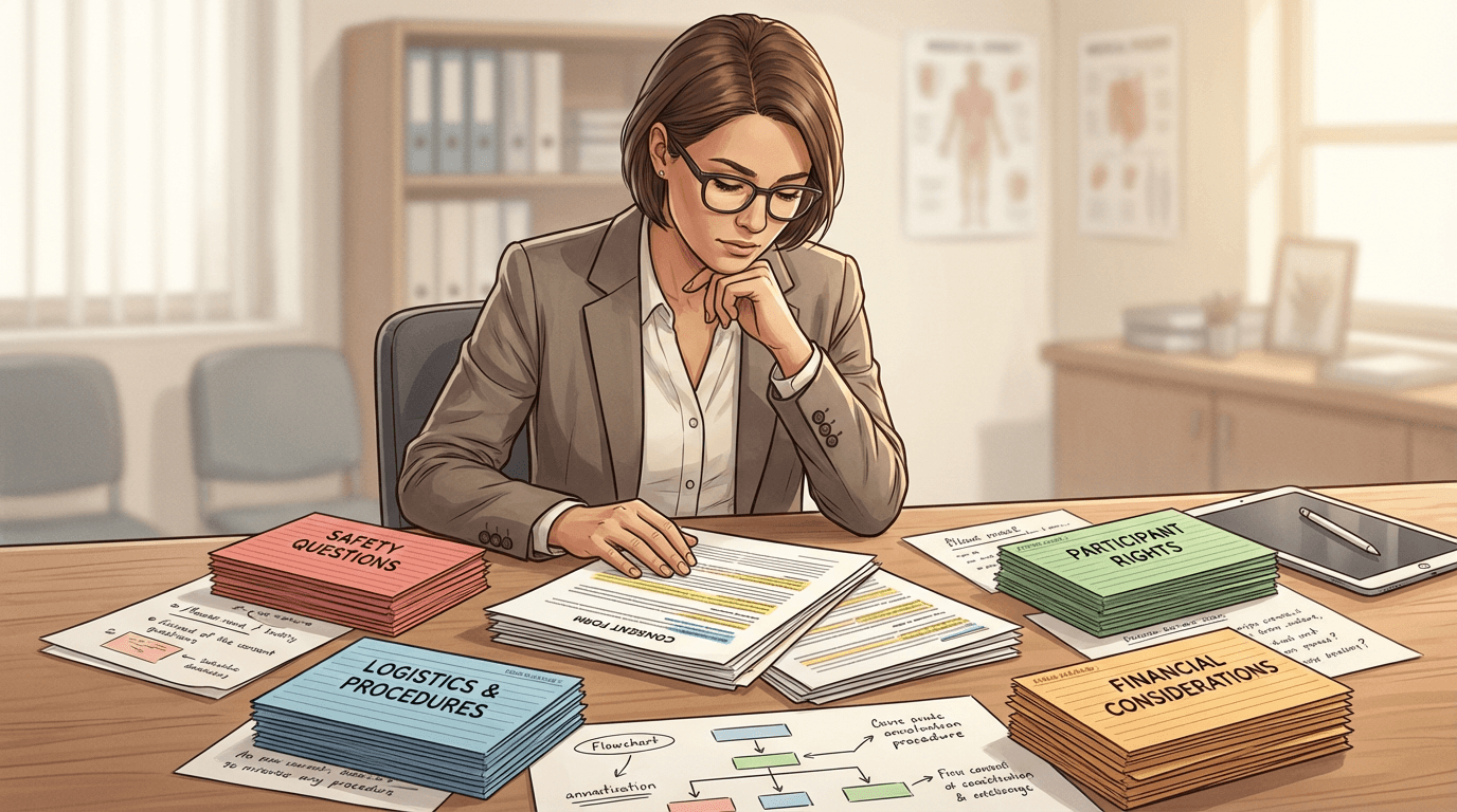 Conceptual illustration of a clinical research coordinator preparing for a consent conversation at a desk with color-coded question categories organized into safety, logistics, rights, and financial clusters alongside an open consent document