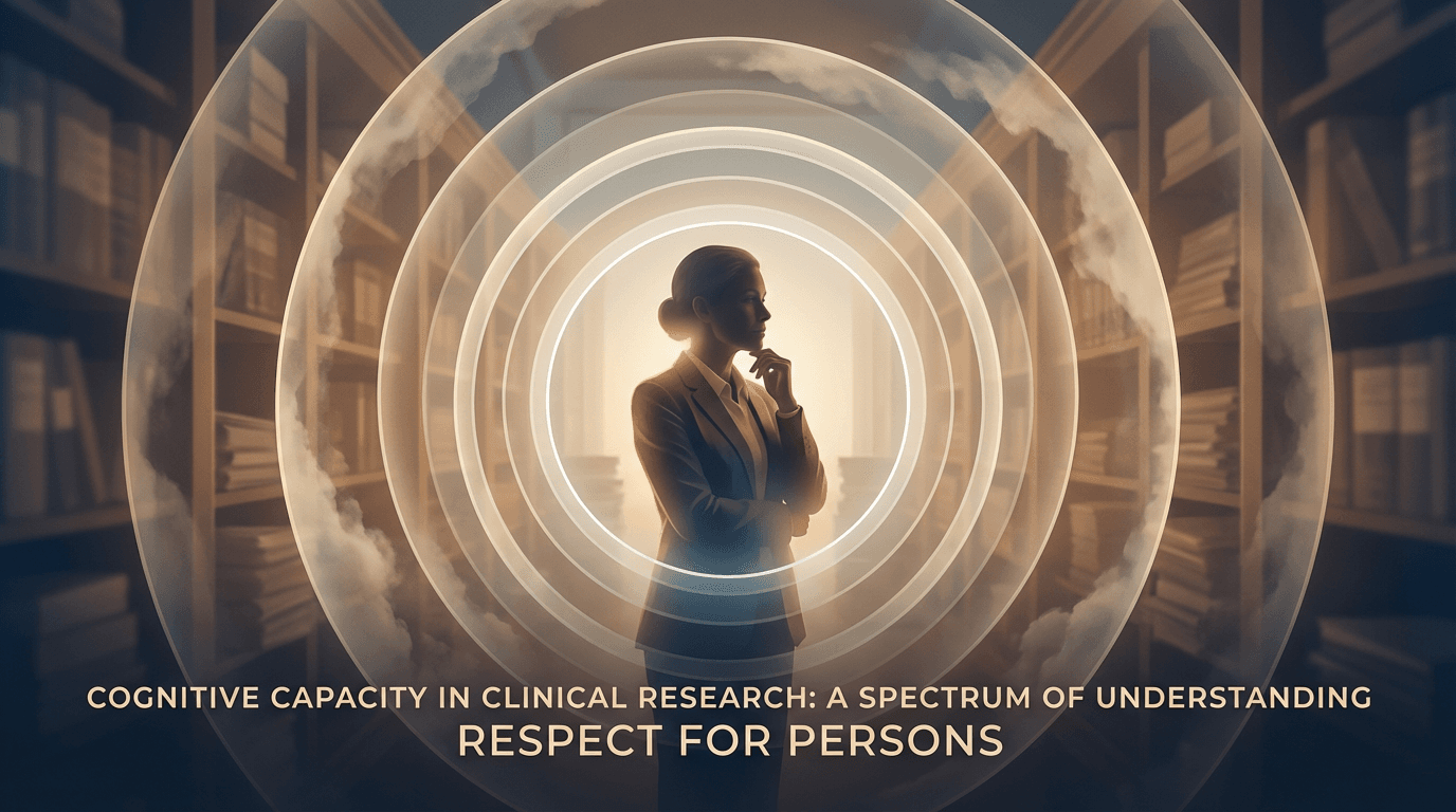 Conceptual illustration of the cognitive capacity spectrum, showing a central figure surrounded by concentric translucent rings that transition from clarity to opacity, representing the continuum of decisional capacity while maintaining the dignity of the individual