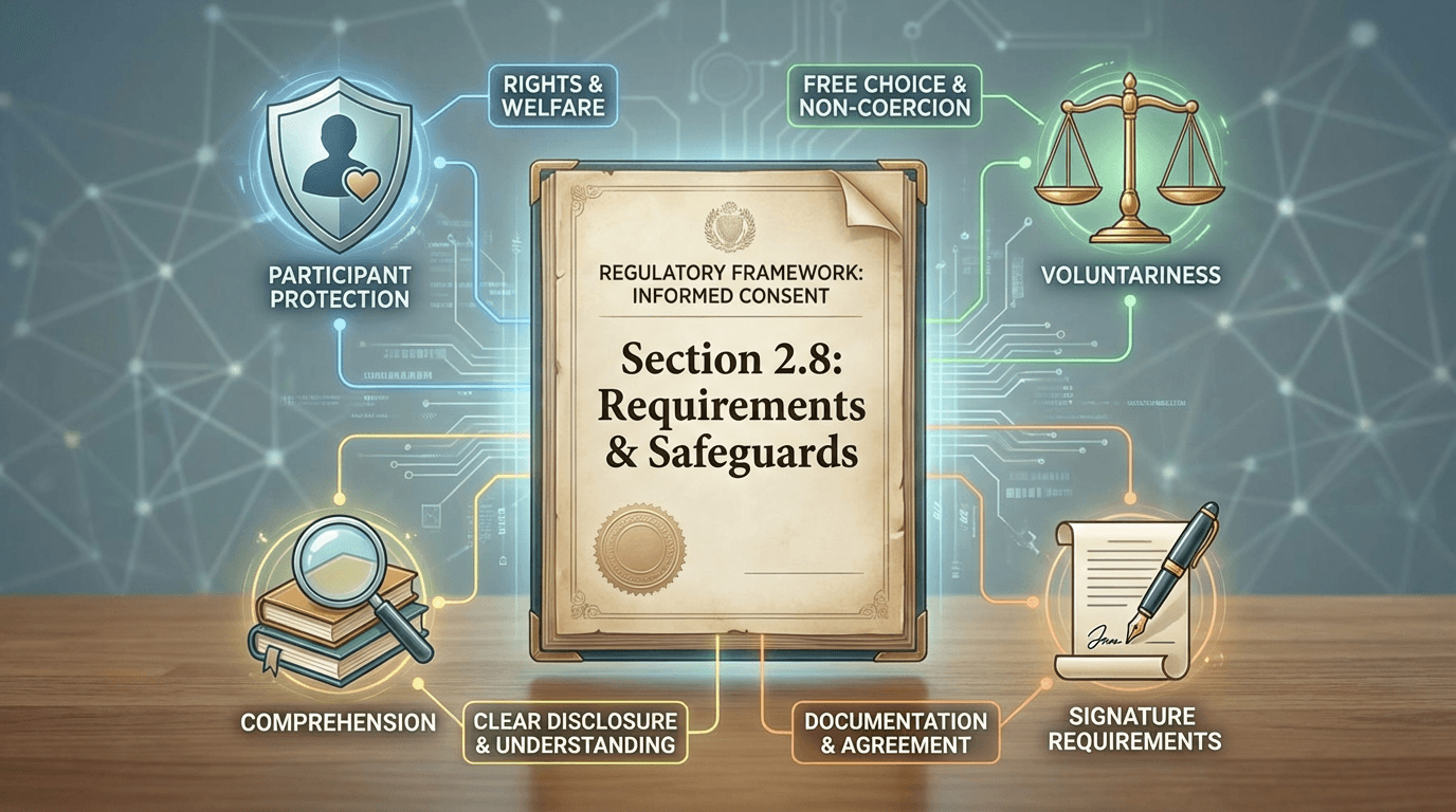 Conceptual illustration of the ICH E6(R3) Section 2.8 regulatory framework for informed consent, showing a central regulatory document connected to key elements including participant protection, voluntariness, comprehension, and documentation requirements