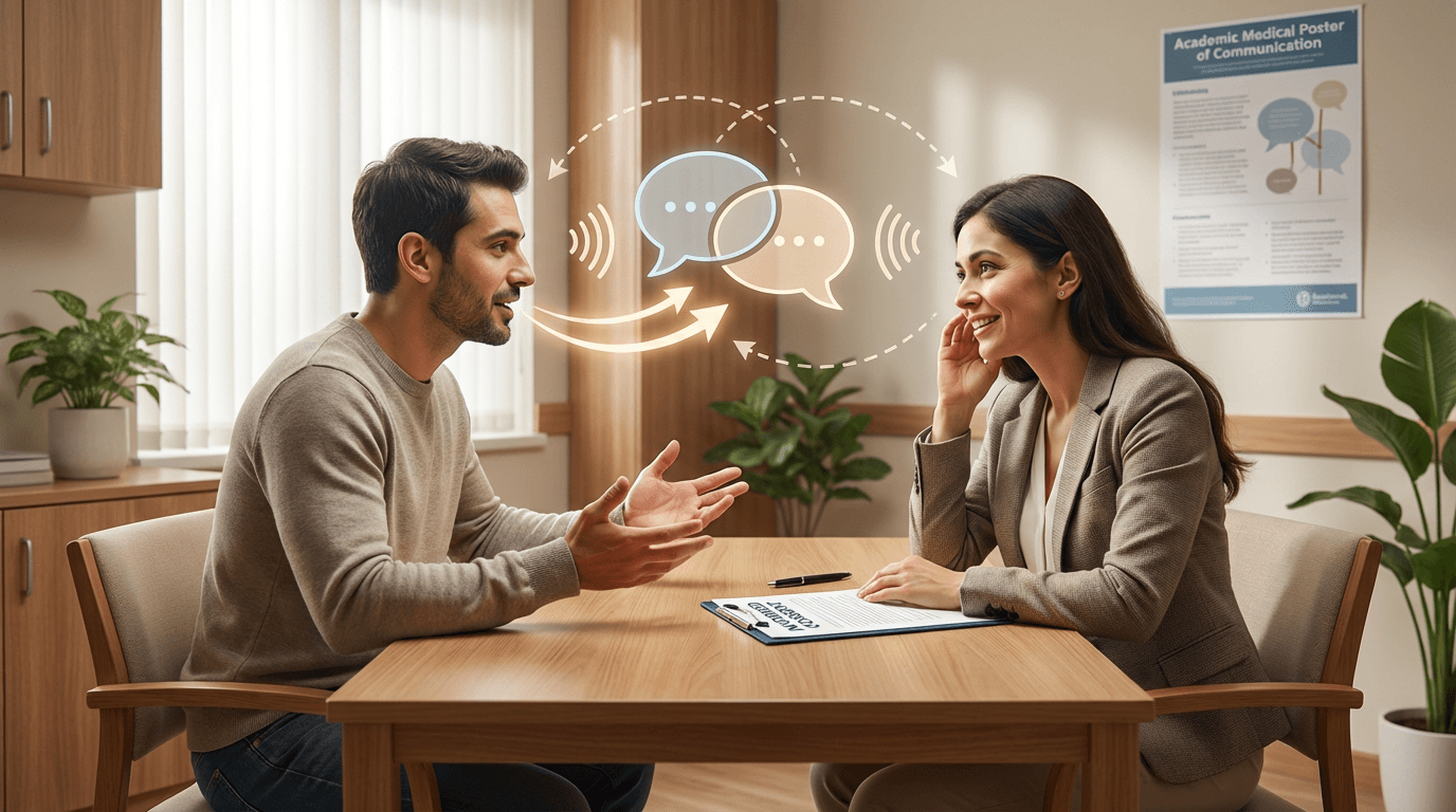 Conceptual illustration of the teach-back method during informed consent, showing a participant explaining study concepts back to a coordinator in their own words, with visual cues emphasizing the reversal of information flow from the usual direction