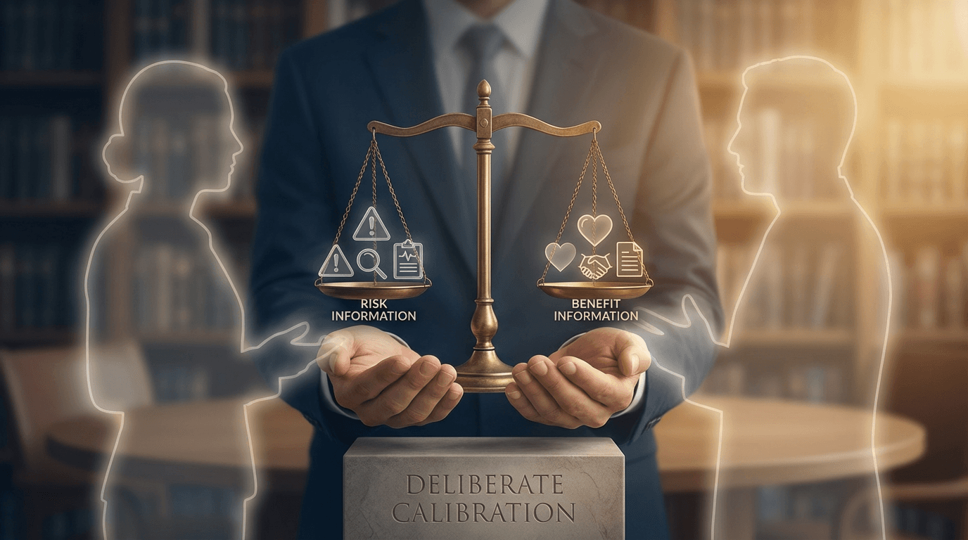 Conceptual illustration of a balance scale held in equilibrium between risk and benefit information, with silhouettes of a coordinator and participant in conversation, conveying the careful calibration required for honest risk-benefit communication during informed consent