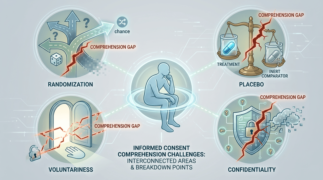 Conceptual illustration showing four commonly misunderstood consent concepts -- randomization, placebo, voluntariness, and confidentiality -- arranged around a central participant figure, with visual indicators highlighting where comprehension typically breaks down
