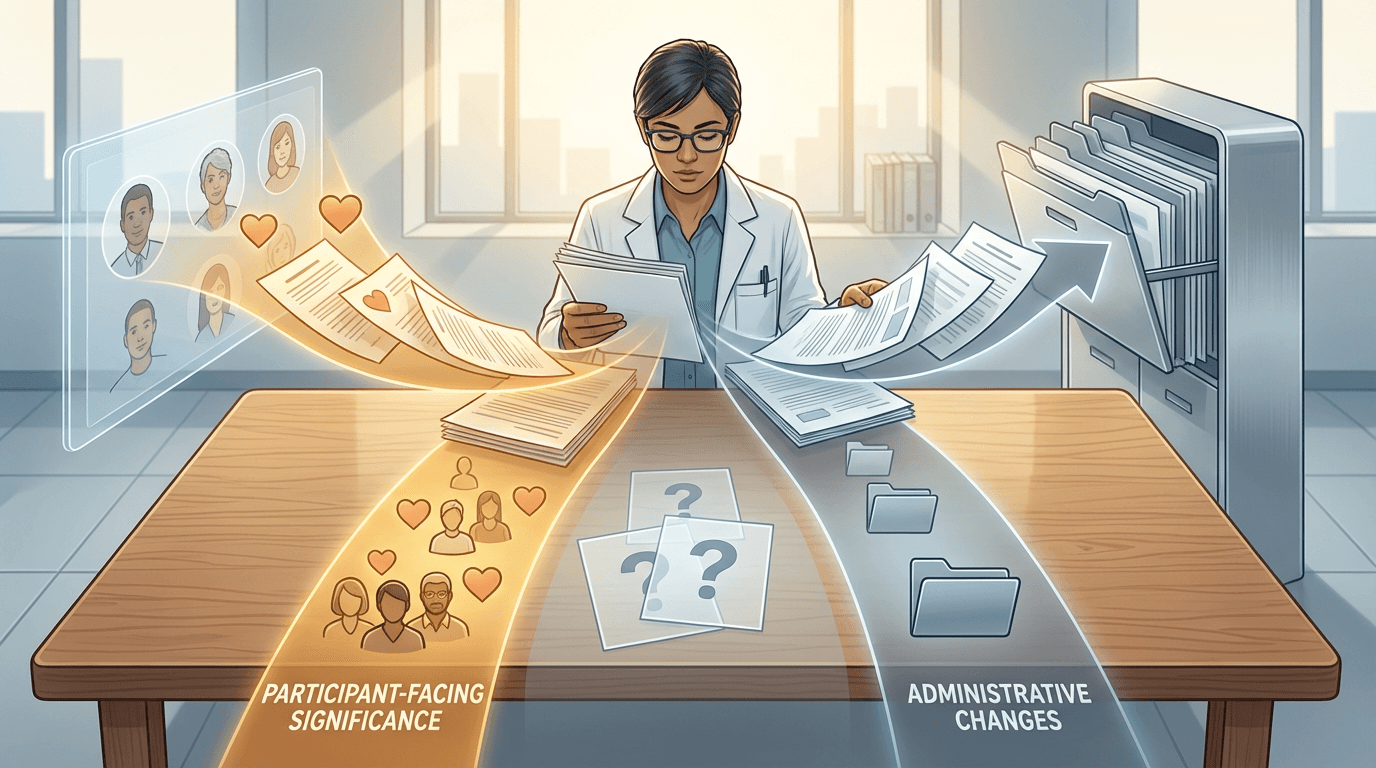 Conceptual illustration of a research professional sorting protocol amendment documents into two pathways: one for changes requiring participant reconsent and another for administrative changes, with borderline cases hovering between the two paths