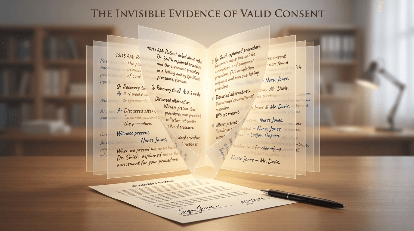 Conceptual illustration of a signed consent form with translucent layers of source documentation rising behind it, each inscribed with handwritten notes capturing times, names, and questions, illuminated by warm light to represent the evidence of a valid consent process beyond the signature page