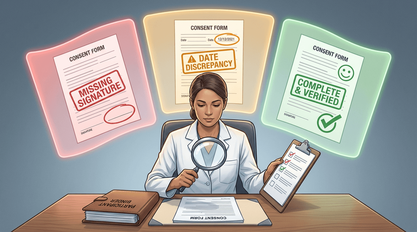 Conceptual illustration of a coordinator reviewing consent documentation before a monitoring visit, with translucent red, amber, and green layers behind representing critical, major, and minor errors fanning outward like severity signals, conveying proactive error detection across the spectrum