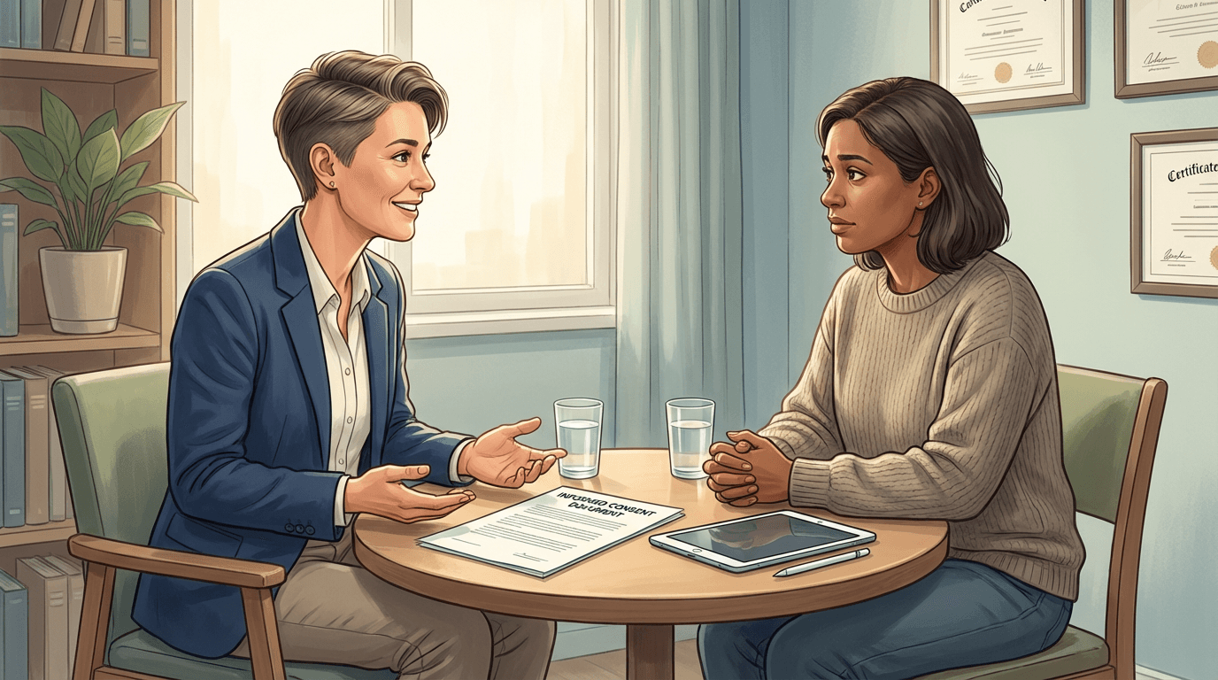 Conceptual illustration of a clinical research coordinator and participant seated across from each other at a small table in a private room, with the coordinator demonstrating open body language and the consent document resting untouched on the table, conveying the human connection that opens a consent conversation