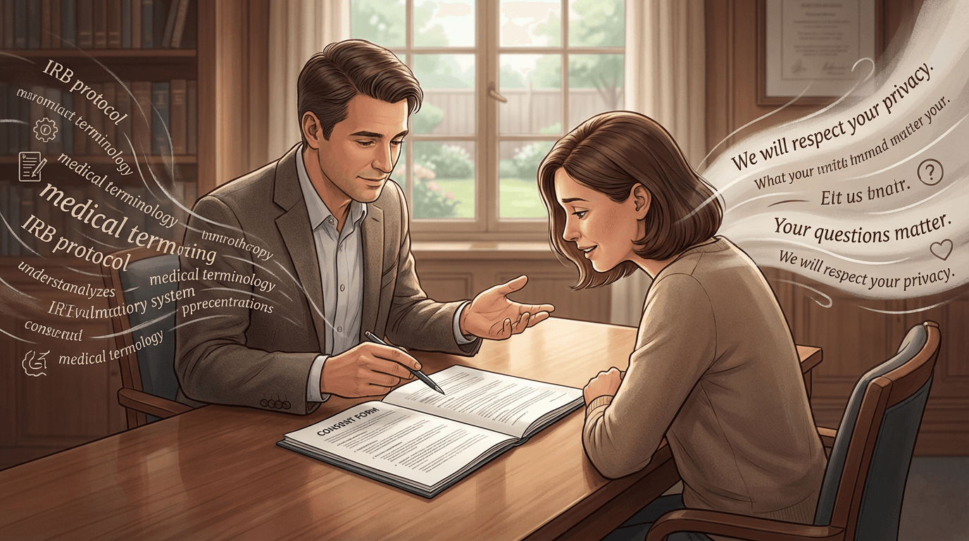 Conceptual illustration of a coordinator walking a participant through an open consent document, with visual metaphors showing complex medical language being translated into simpler terms, conveying patience and intentional pacing in a private consultation setting