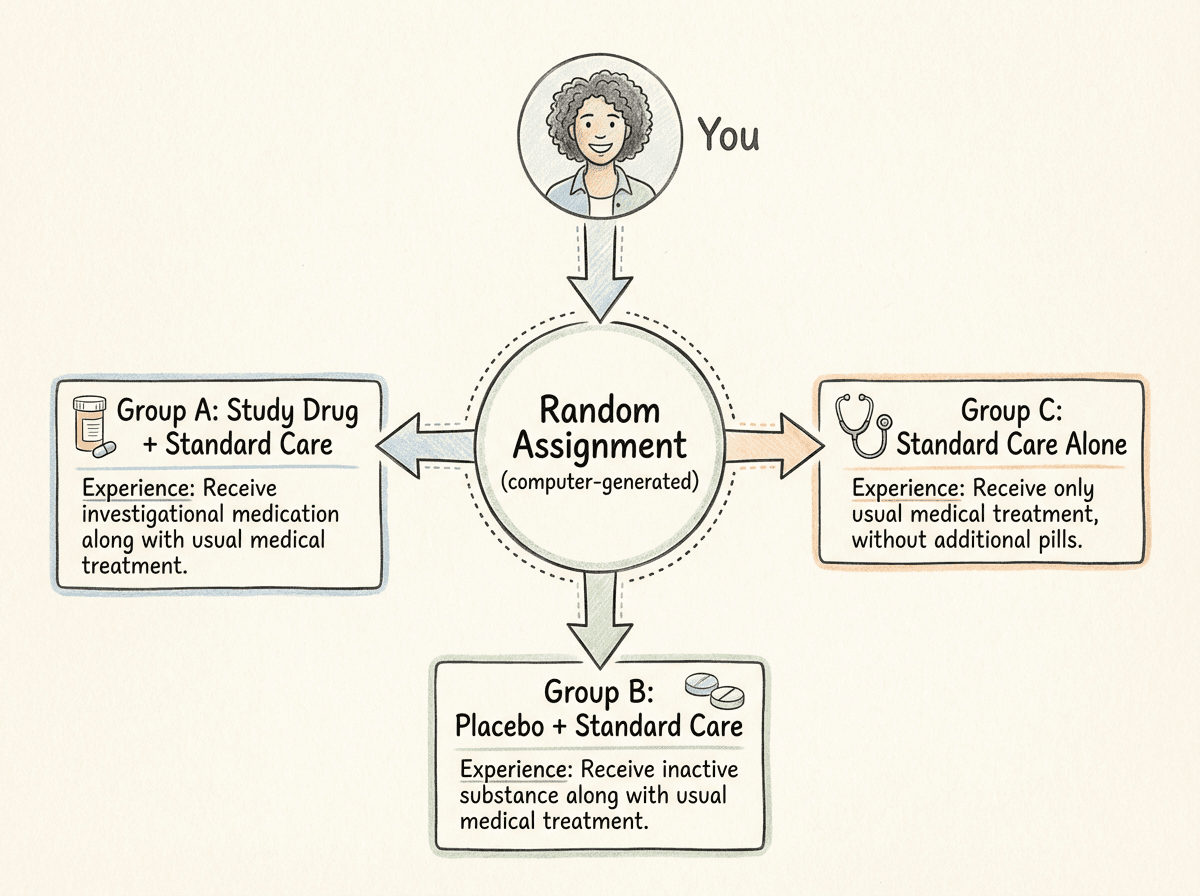 Randomization diagram showing a participant at the top connected by an arrow to a central circle labeled Random Assignment, which branches into three treatment groups: Group A receiving study drug plus standard care, Group B receiving placebo plus standard care, and Group C receiving standard care alone