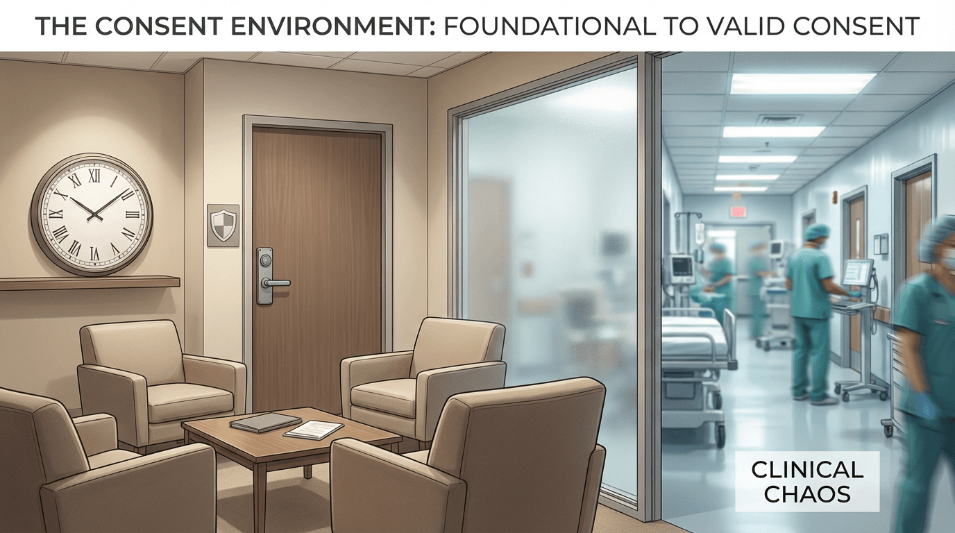 Conceptual illustration of a calm, private consent room with comfortable seating and closed door, contrasted against a busy clinical corridor, with visual symbols representing privacy, adequate time, and freedom from coercion