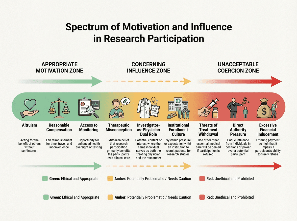 Spectrum diagram showing the continuum from appropriate motivation (altruism, reasonable compensation) through concerning influence (therapeutic misconception, dual roles) to unacceptable coercion (treatment withdrawal threats, authority pressure), with examples labeled along a green-to-amber-to-red gradient