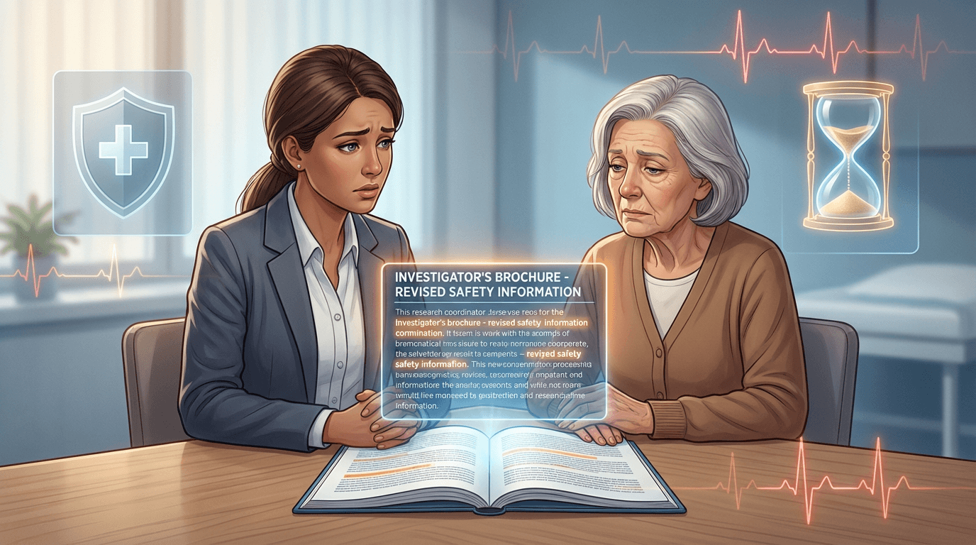 Conceptual illustration of a research coordinator conducting safety-driven reconsent with a participant, surrounded by visual metaphors of protection, urgency, and newly identified cardiac risk