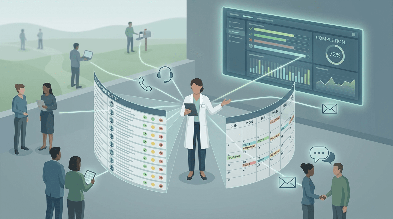 Conceptual illustration of a research coordinator managing the logistics of reconsent across an active participant roster, with radiating elements showing the calendar, communication pathways, participant tracking, and completion monitoring