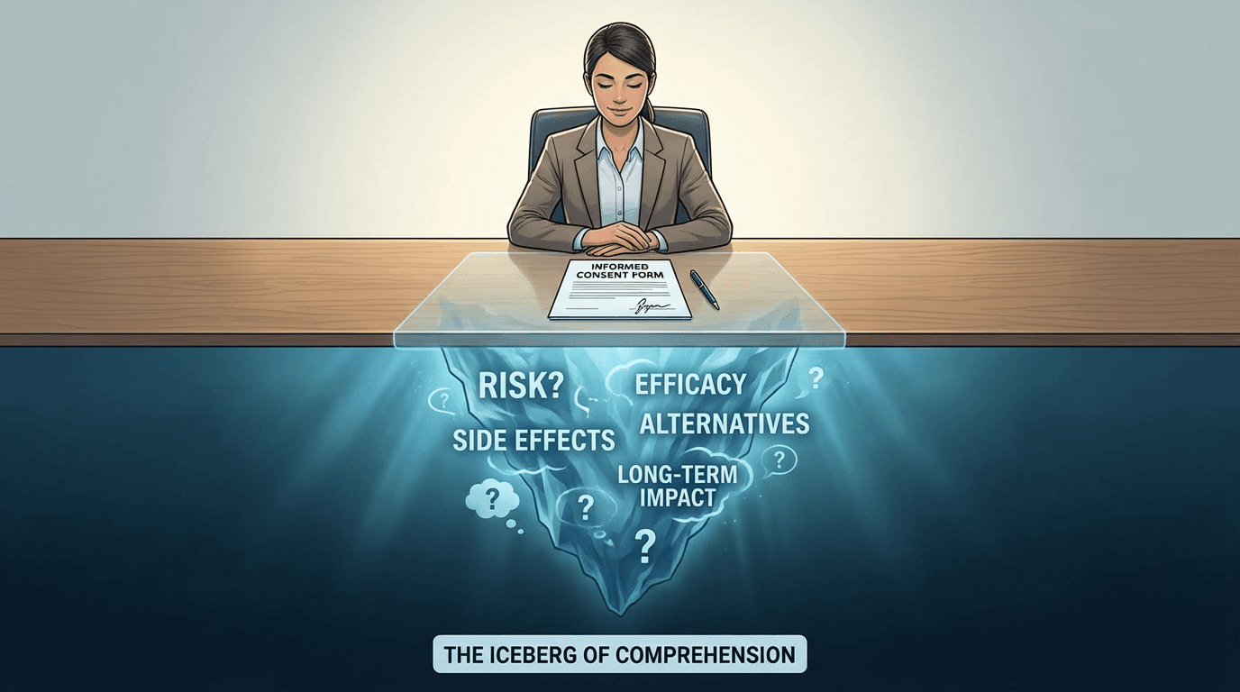 Conceptual illustration of a participant who has signed a consent form and appears to understand, while beneath the surface lurk unvoiced questions, confusion about medical terms, and doubts they never expressed -- depicting the gap between apparent and actual comprehension