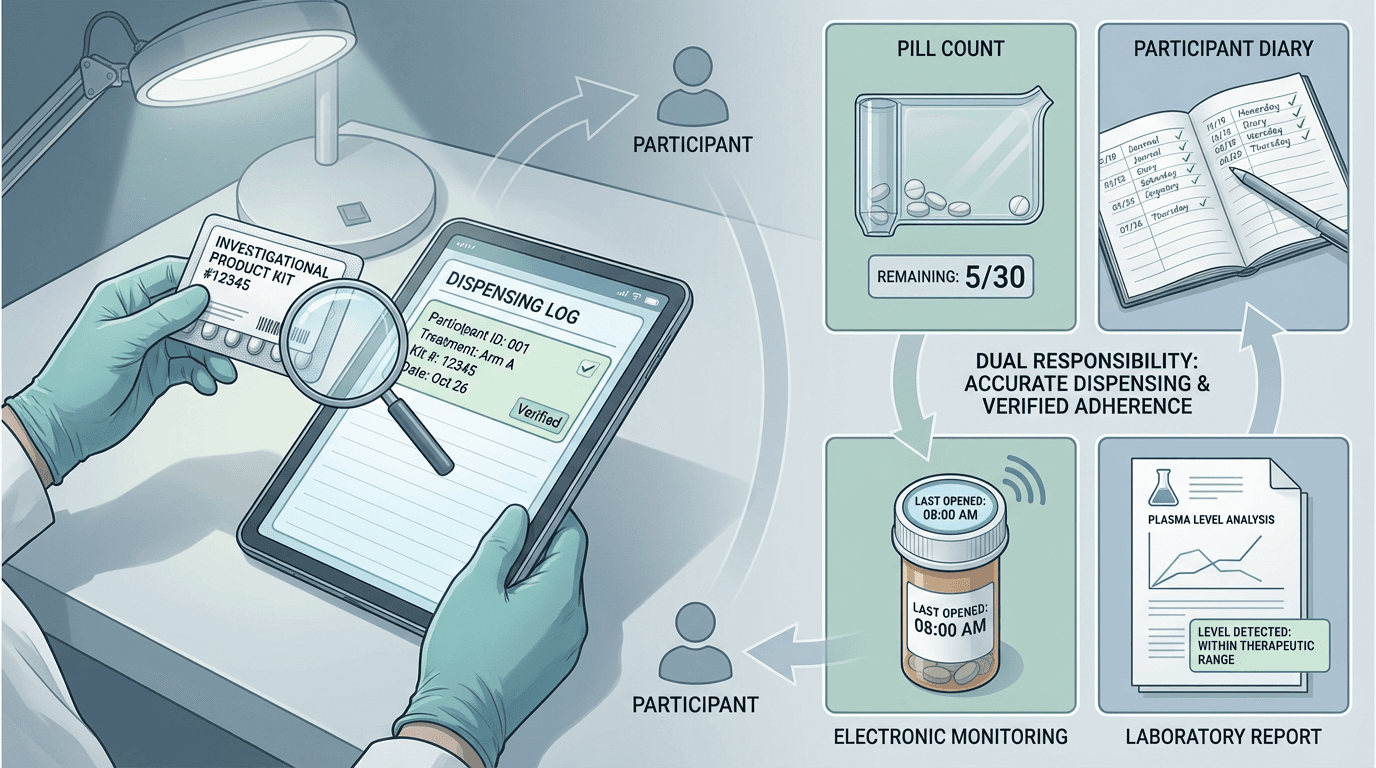 Conceptual illustration showing investigational product dispensing verification at a coordinator's workstation alongside four compliance assessment methods: pill counts, medication diaries, electronic monitoring, and plasma levels
