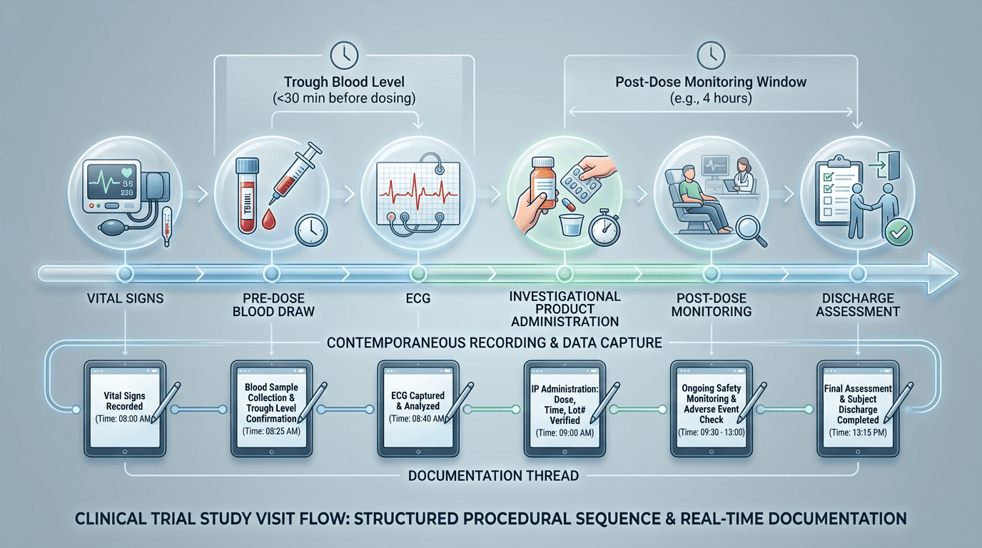 Conceptual illustration of a study visit timeline showing procedures in sequence from vital signs through discharge, with time windows annotated above key procedures and a contemporaneous documentation thread running below