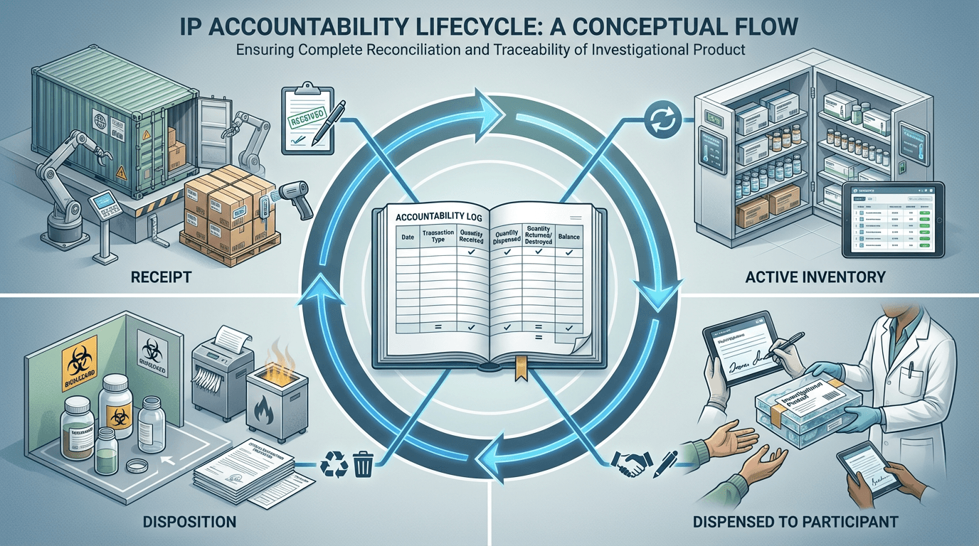 Conceptual illustration of the IP accountability lifecycle showing four stages in a circular flow β receipt, active inventory, dispensed to participant, and disposition β connected to a central accountability log