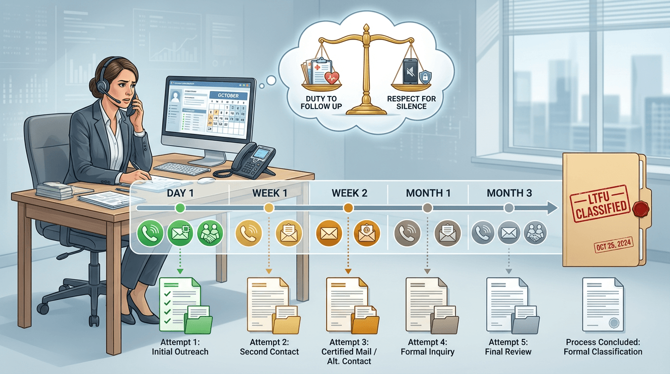 Conceptual illustration showing a coordinator's systematic contact attempt timeline progressing from hopeful to formal LTFU classification, with an ethical balance between duty to follow up and respect for silence