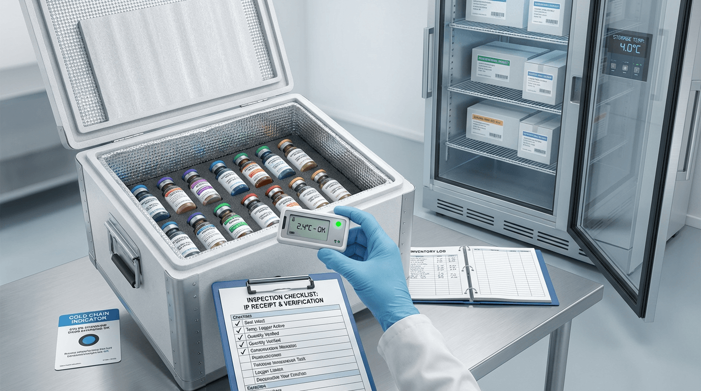 Conceptual illustration of investigational product receipt showing a shipping container with vials, temperature monitoring device, inspection checklist, and secure storage unit at a clinical trial site