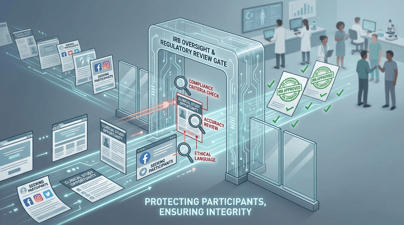 Conceptual illustration of recruitment materials passing through an IRB review and approval checkpoint before reaching potential participants, with compliance criteria annotations