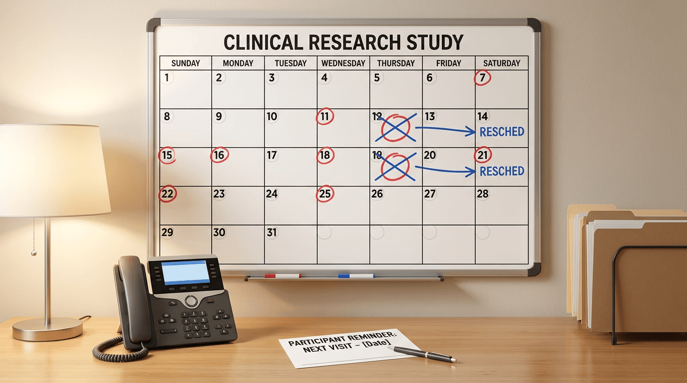 A coordinator workspace with a wall calendar showing scheduled and rescheduled clinical trial visits
