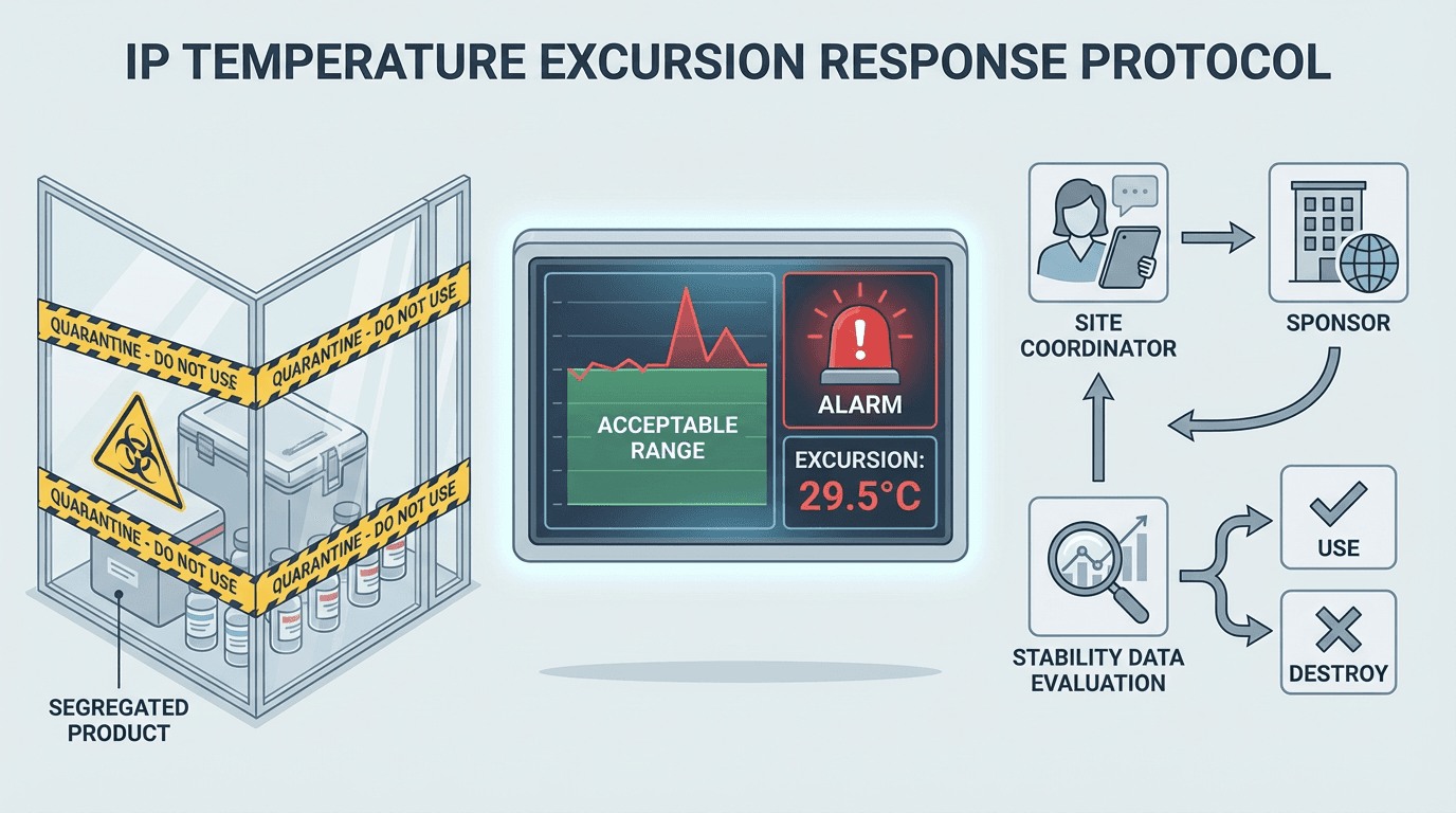 Conceptual illustration of a temperature excursion response showing a monitoring display with a temperature spike, quarantined product in a marked zone, and a communication chain from the site to the sponsor for use-or-destroy determination