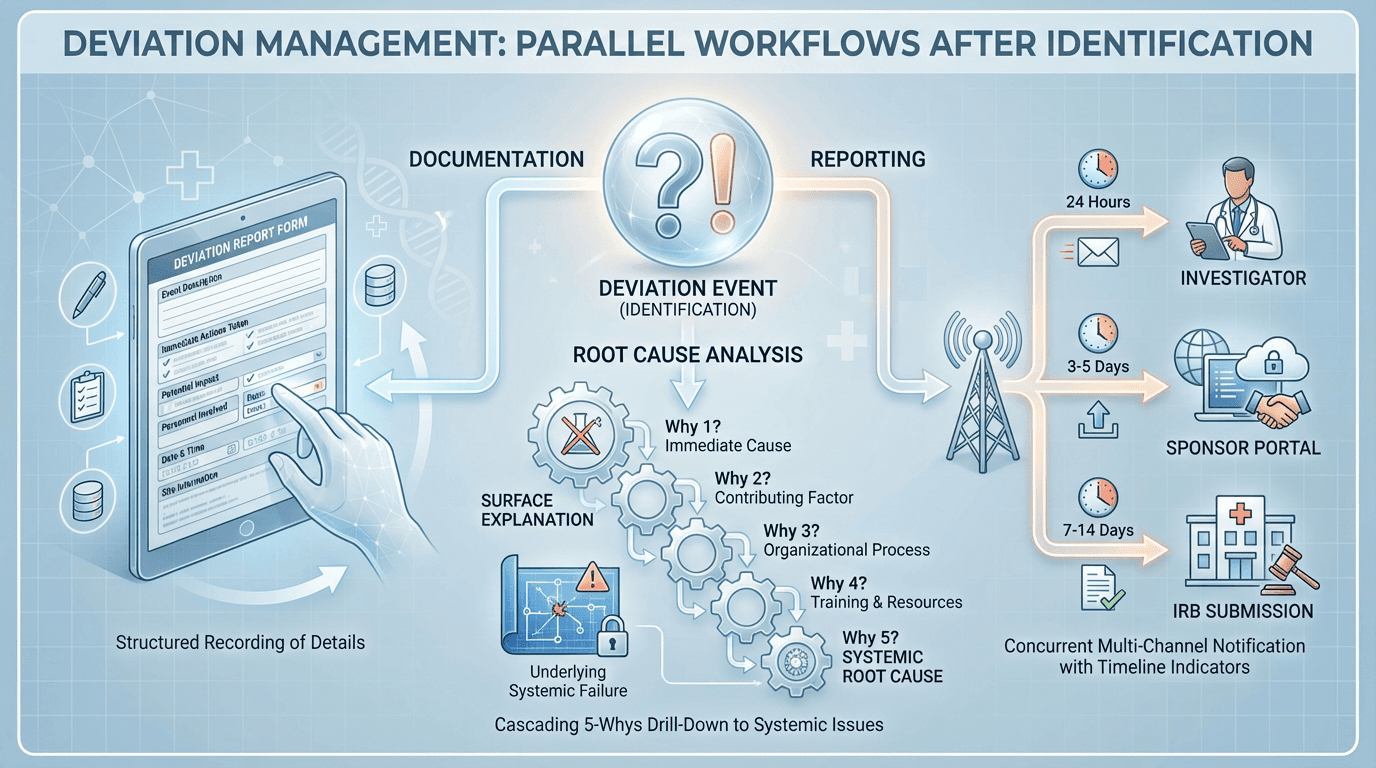 Conceptual illustration showing a deviation event branching into three parallel workflows β documentation with a structured form, root cause analysis via a 5-Whys cascade, and reporting to investigator, sponsor, and IRB through distinct channels with timeline indicators