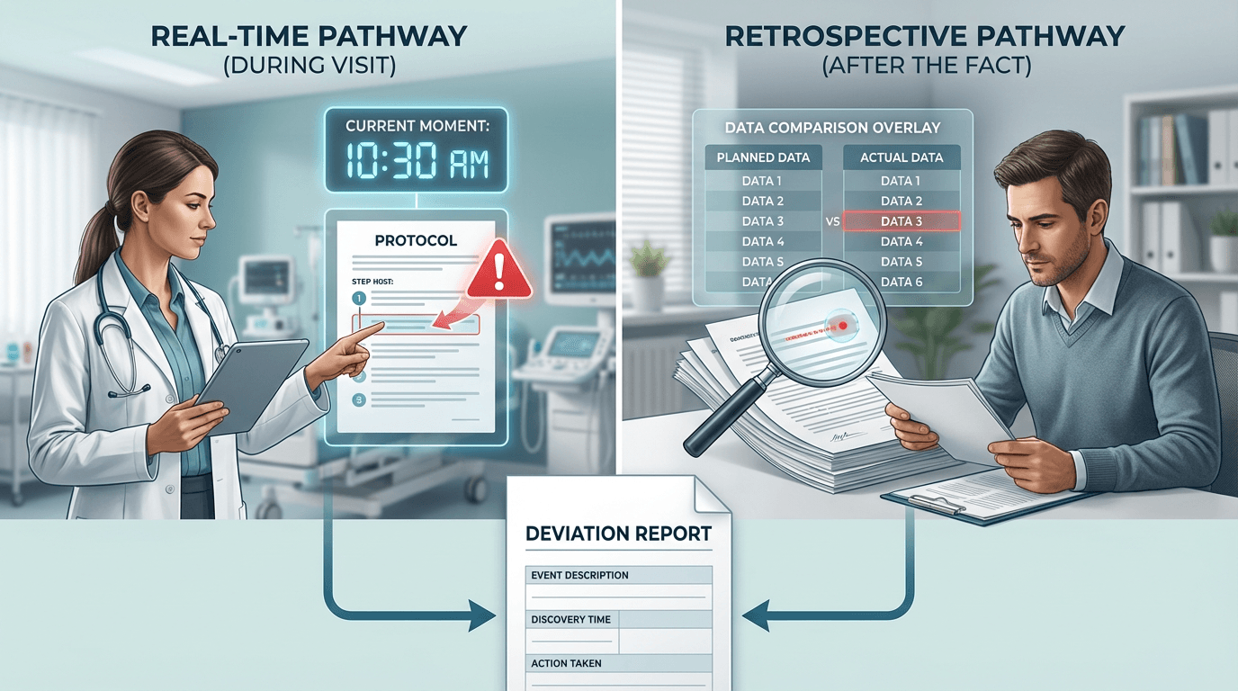 Conceptual illustration showing two deviation identification pathways β real-time recognition during a visit on the left and retrospective discovery through record review on the right β converging at a single deviation report