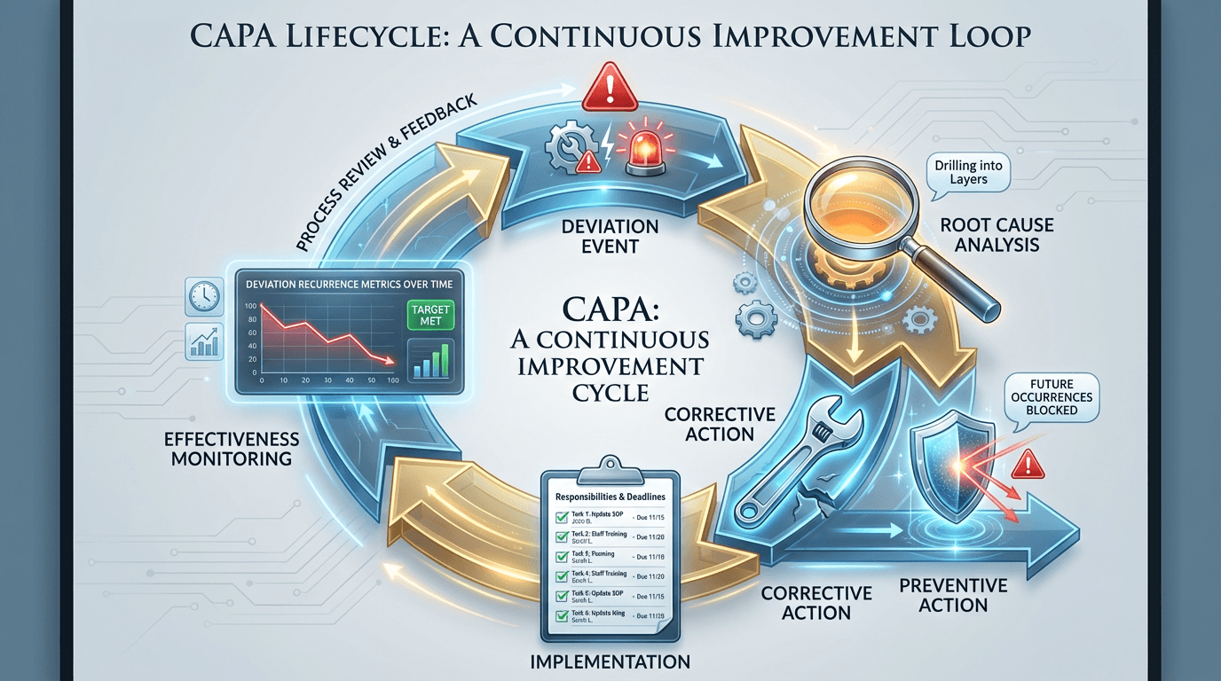 Conceptual illustration of the CAPA lifecycle as a continuous improvement loop, showing a deviation event flowing through root cause analysis, branching into corrective and preventive actions, converging at implementation with assigned responsibilities, and closing through effectiveness monitoring that feeds back into process review