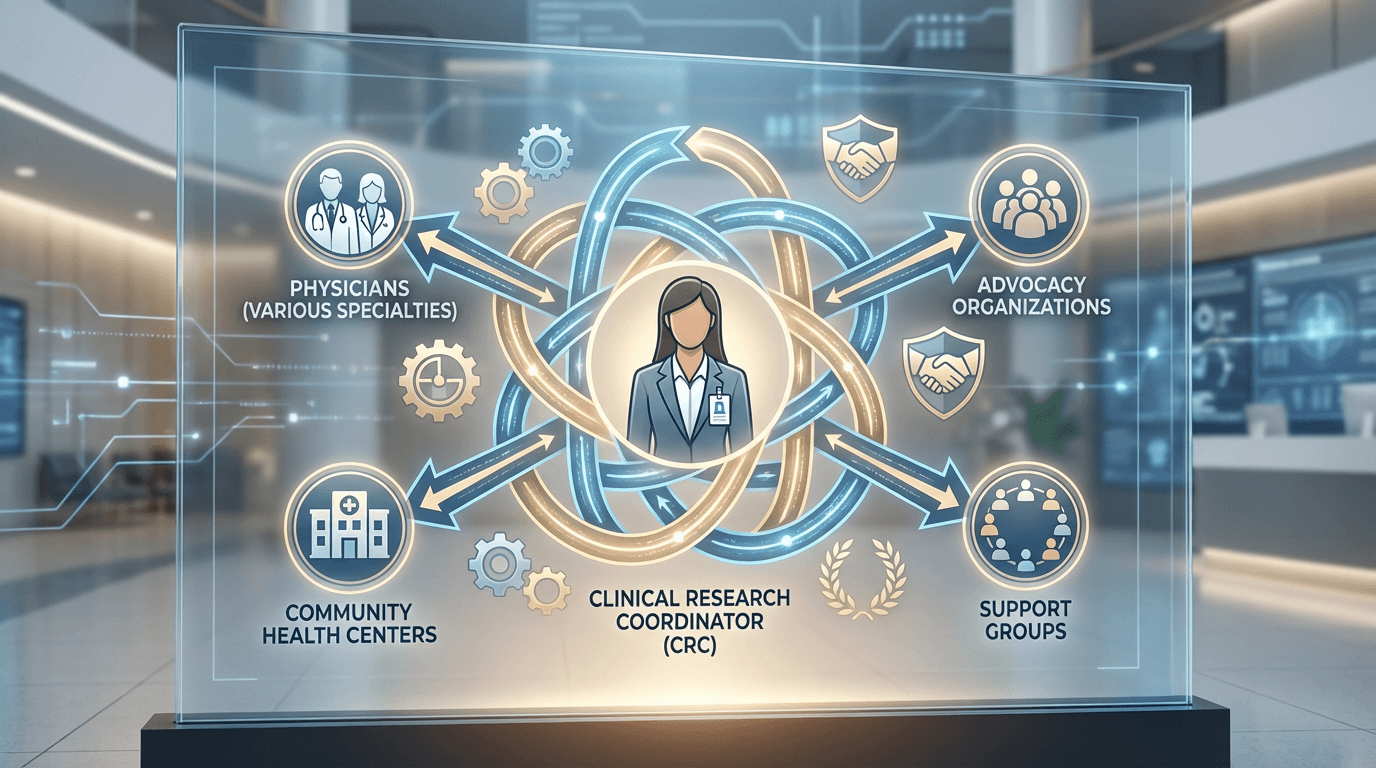 Conceptual illustration of a clinical research coordinator at the center of a referral network, with bidirectional connections to physicians, community health centers, and advocacy organizations