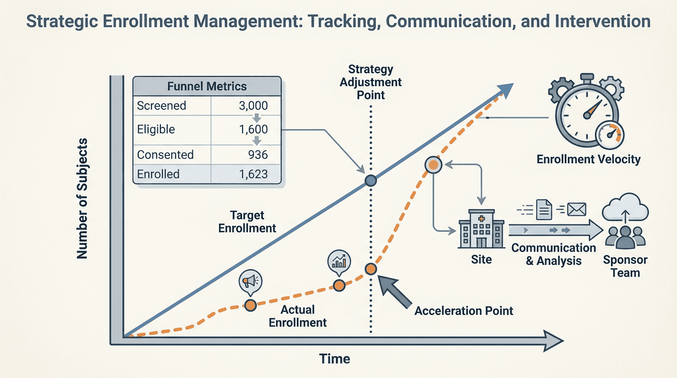 Conceptual illustration of an enrollment curve chart showing target versus actual enrollment lines with strategy adjustment markers, surrounded by funnel metrics, velocity indicators, and a site-to-sponsor communication channel
