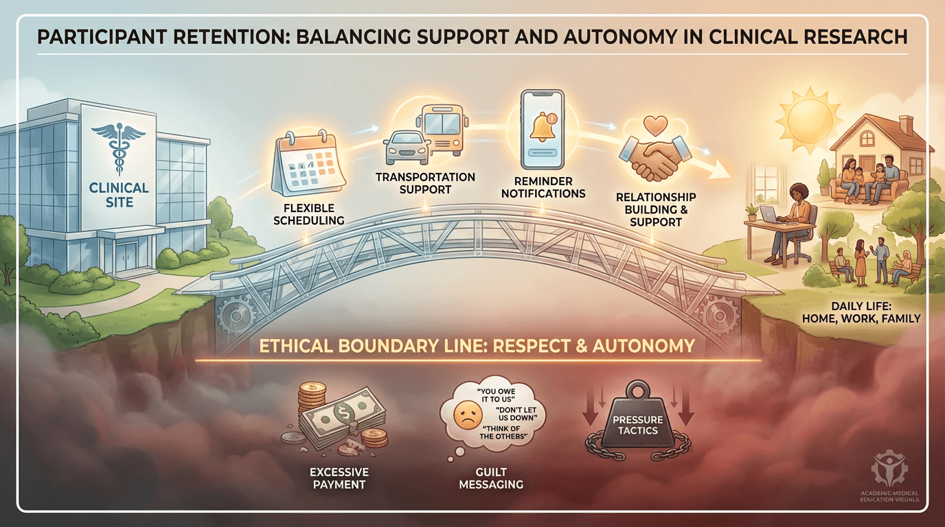 Conceptual illustration of a bridge between a clinical site and a participant's daily life, with supportive retention strategies arranged along the bridge above an ethical boundary line, and coercive tactics shown fading below