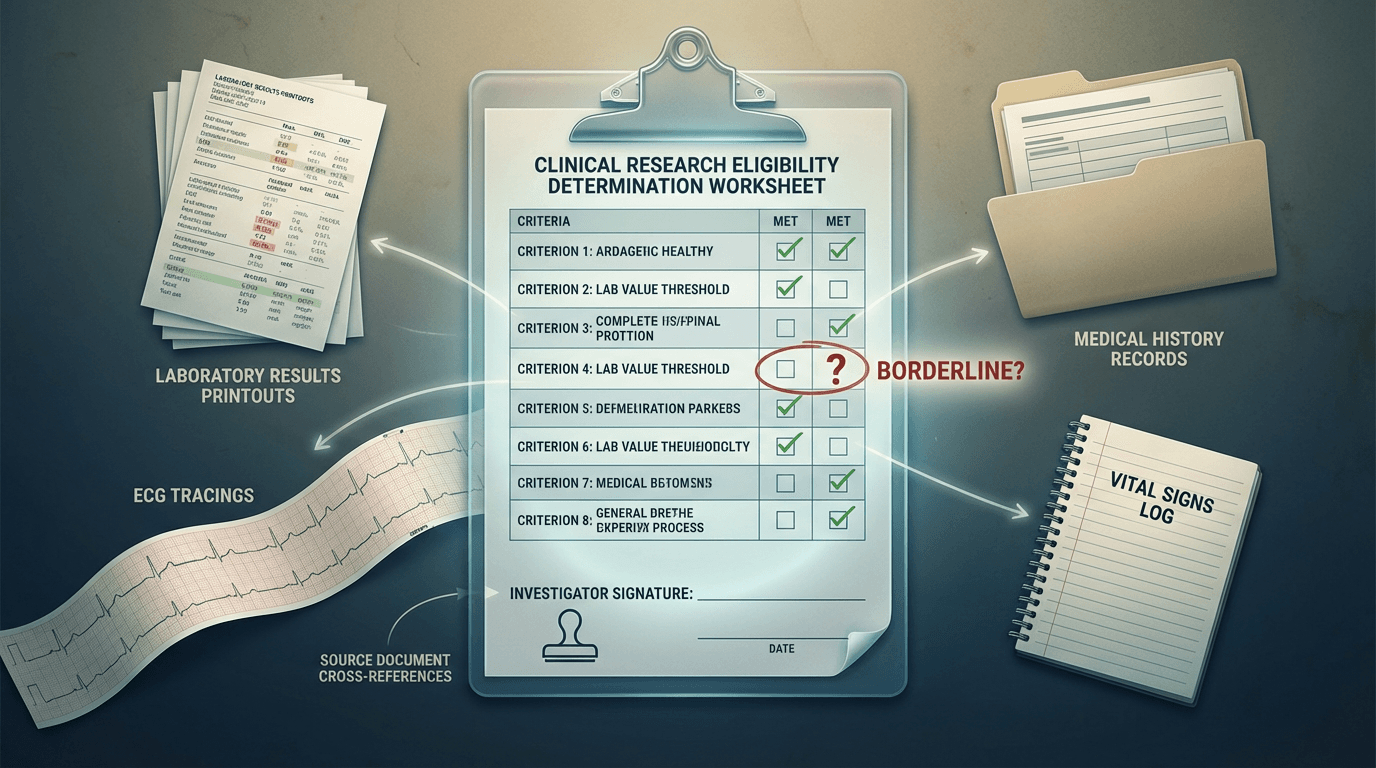 Conceptual illustration of an eligibility determination process showing a criteria worksheet with checkboxes connected to evidence sources including lab results, ECG tracings, and medical records, with one borderline criterion flagged for investigator review