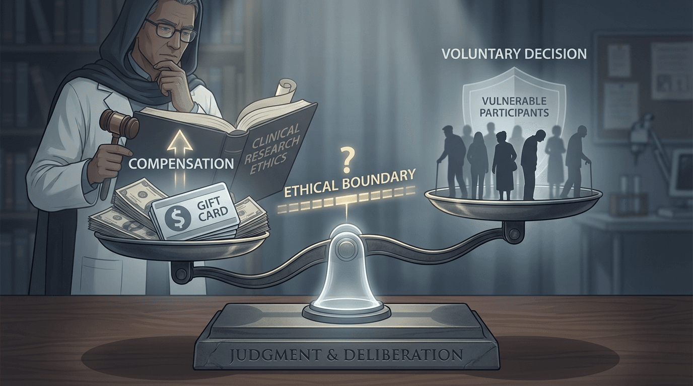 Conceptual illustration of the ethical tension in clinical trial recruitment, showing a balance between appropriate motivation and undue influence with compensation elements on one side and participant vulnerability on the other