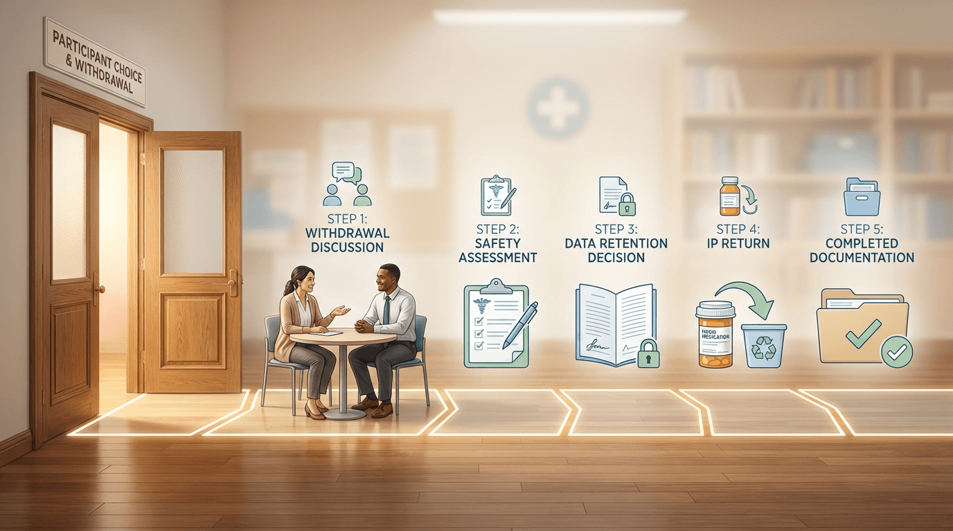 Conceptual illustration of the participant withdrawal process as a dignified pathway from an open door through conversation, safety assessment, data decisions, IP return, and final documentation
