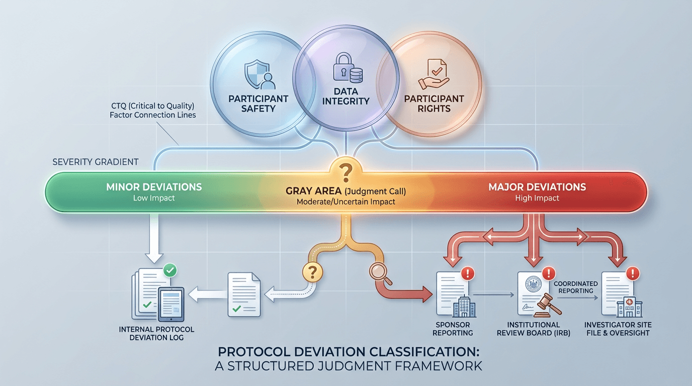 Conceptual illustration of a deviation severity spectrum from minor (green) through gray area (amber) to major (red), with assessment domains of safety, data integrity, and participant rights guiding classification, and branching pathways to different reporting channels