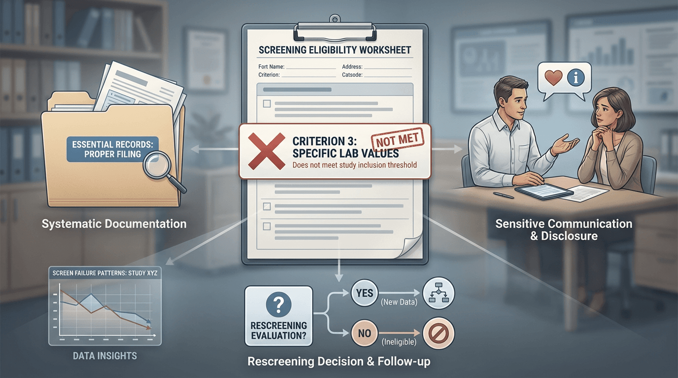 Conceptual illustration of the screen failure process showing an eligibility worksheet with a criterion marked as not met, branching into documentation, participant communication, and rescreening evaluation pathways